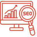 Red icon: Computer monitor showing an upward trending SEO performance graph, with a magnifying glass for detailed analysis.