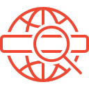 Red globe icon with a search bar and magnifying glass, symbolizing global SEO optimization for white label reseller services.