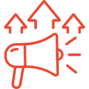 Red megaphone icon with three upward arrows, symbolizing amplified white label SEO and reseller marketing.