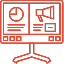 Red icon: Digital screen on a stand displaying a pie chart for analytics and a megaphone for programmatic advertising services.