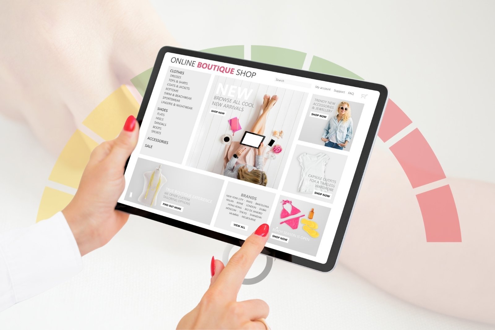 Hand interacting with a tablet displaying a vibrant online boutique shop, illustrating e-commerce digital marketing results.