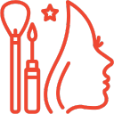 Red outline icon of a woman's profile with makeup brushes and a star, representing beauty industry lead generation services.