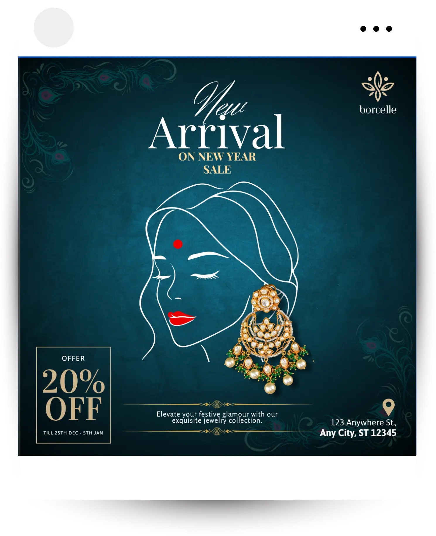 Borcelle jewelry ad: ornate gold and pearl earring on a woman's profile, promoting a New Year Sale with 20% off.