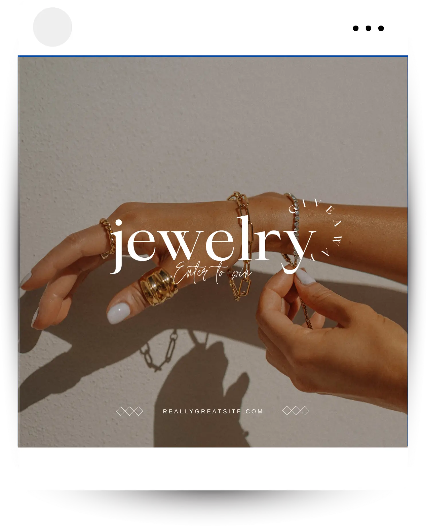 Hands adorned with gold rings and bracelets, holding a chain, featuring "jewelry giveaway" text for digital marketing campaigns.