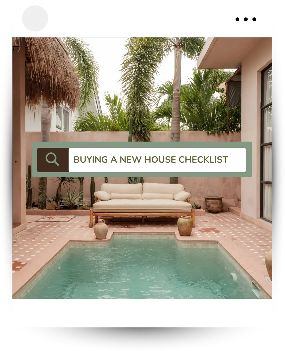 Luxurious Thai real estate property featuring a pool, outdoor sofa, and a "Buying a New House Checklist" search bar.