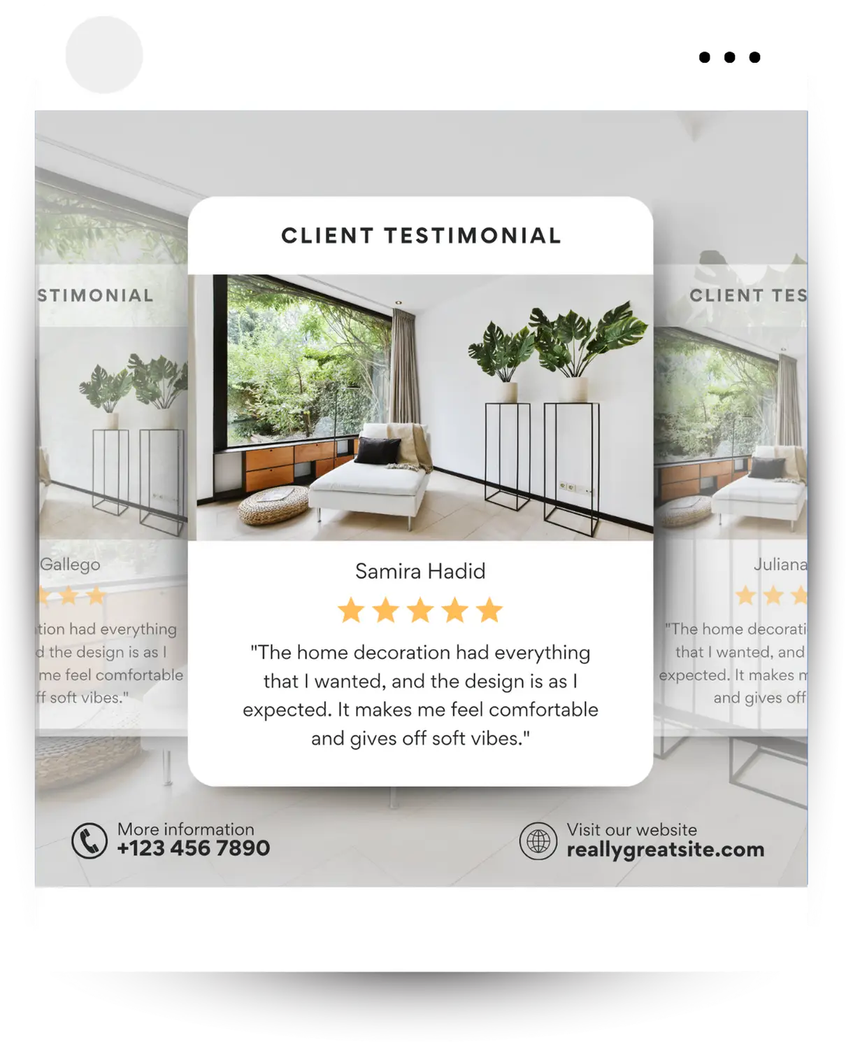 5-star client testimonial from Samira Hadid for excellent home design, showcasing a modern living room with plants and a large window.