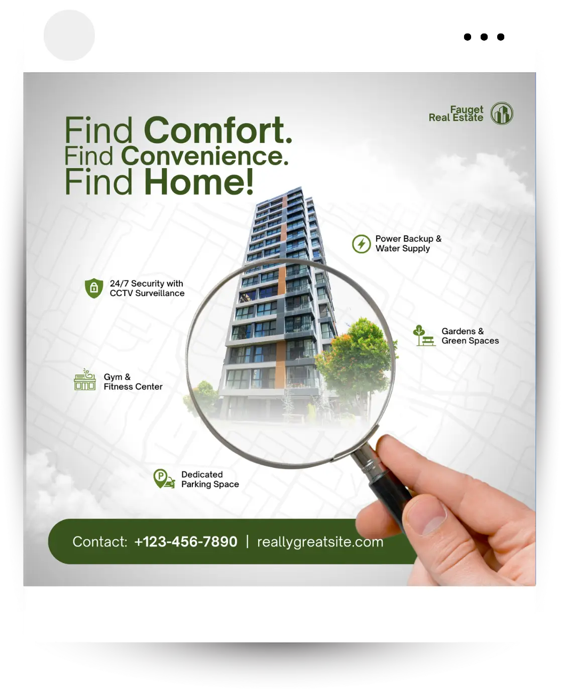 Real estate marketing graphic: modern high-rise apartment building under a magnifying glass, highlighting property features.