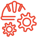 Red icon: hard hat and gears, symbolizing tailored lead generation services for industrial and manufacturing sectors.