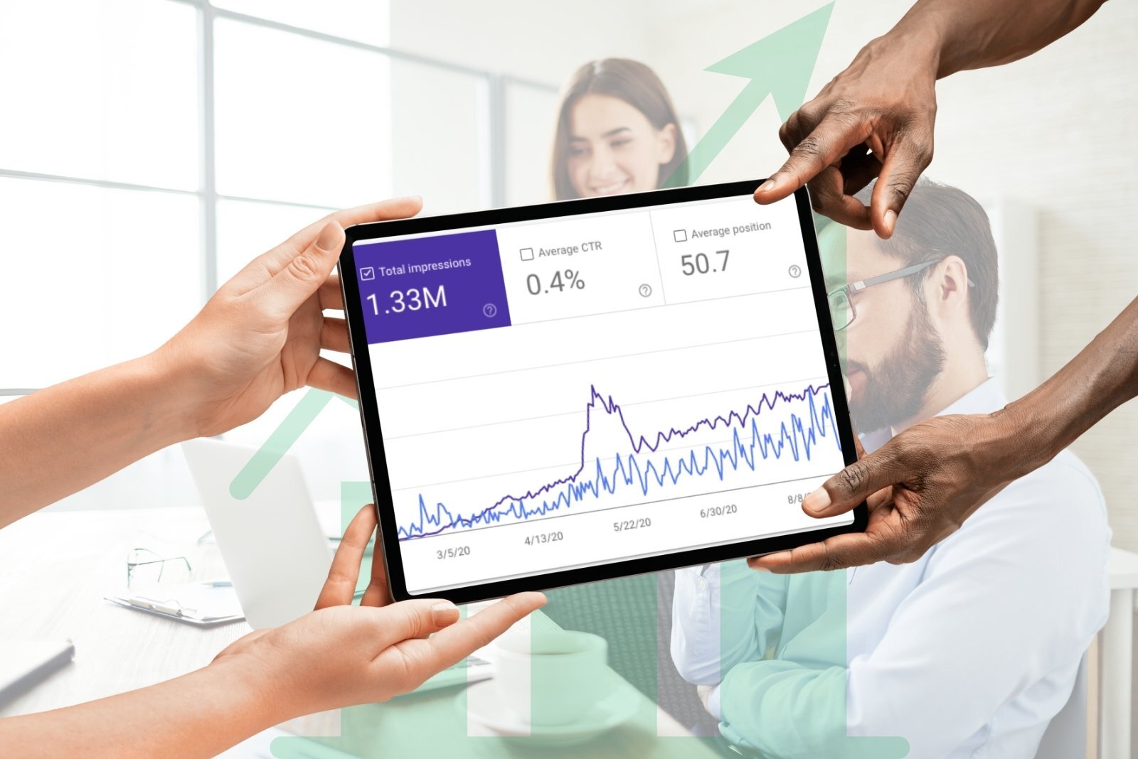 Hands hold a tablet displaying 1.33M total impressions and an upward trend graph, showcasing successful SEO & PPC results.