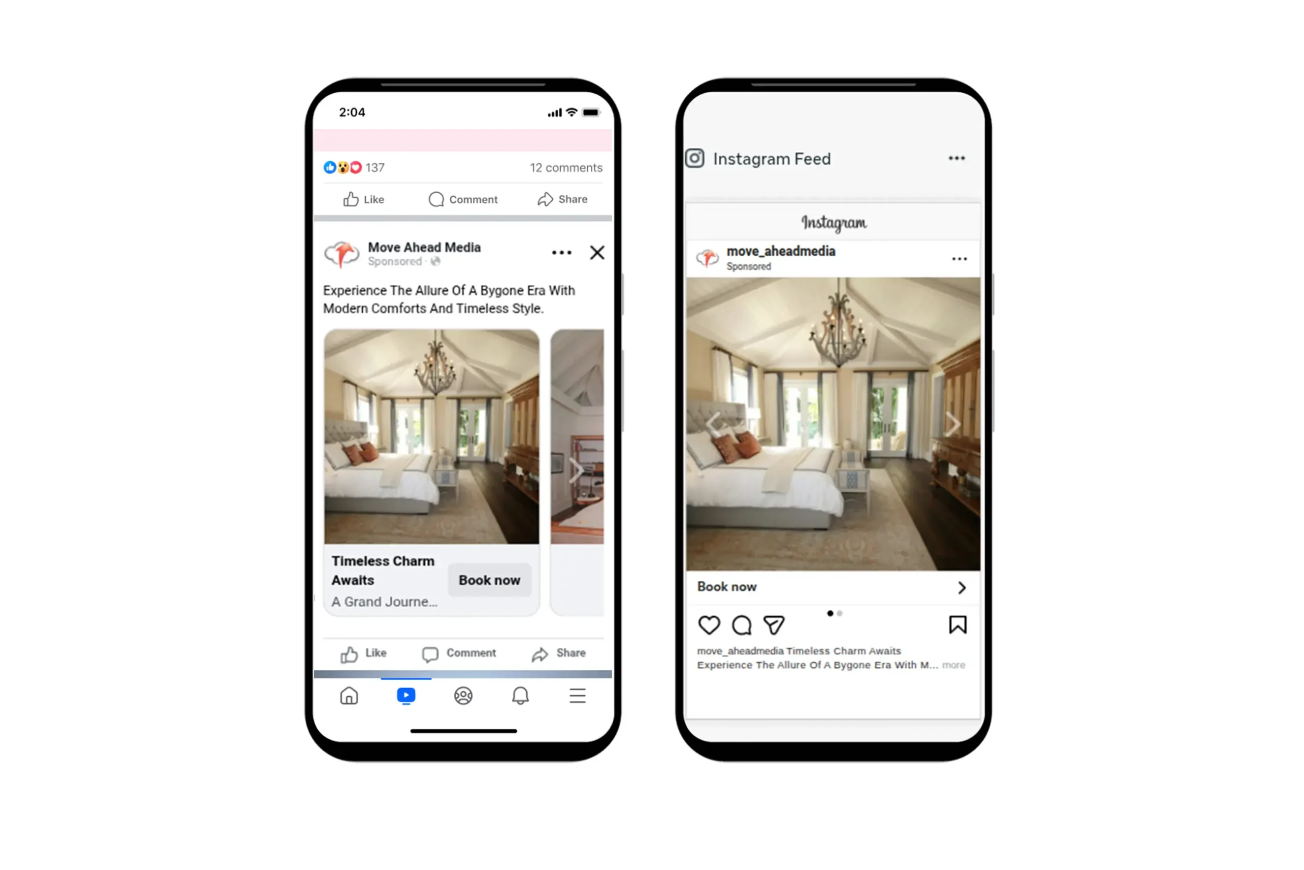 Mobile phones displaying sponsored Facebook and Instagram ads for a luxurious hotel or resort bedroom, illustrating digital marketing for hospitality.