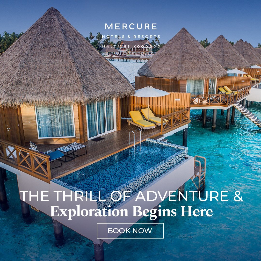 Mercure Maldives overwater bungalows with private pools in turquoise sea, highlighting luxury hospitality marketing.