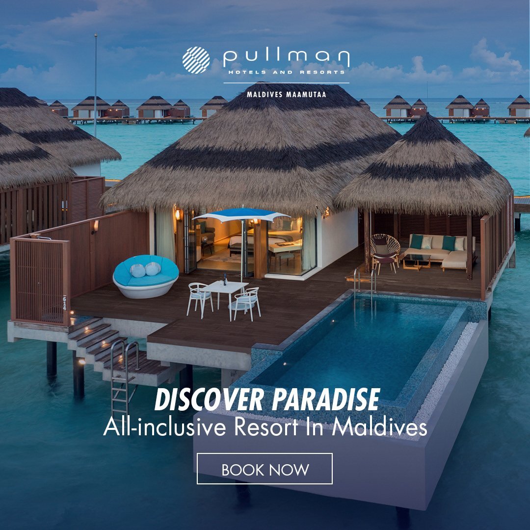 Pullman Maldives overwater villas featuring thatched roofs, private pools, and decks, illustrating luxury hospitality marketing.