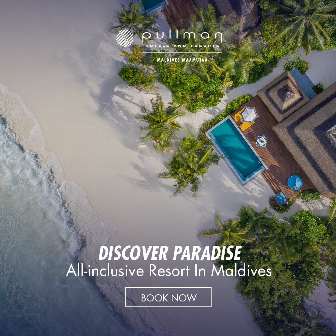 Aerial view of Pullman Maldives luxury resort, private pool, white beach, and palm trees for hospitality marketing.