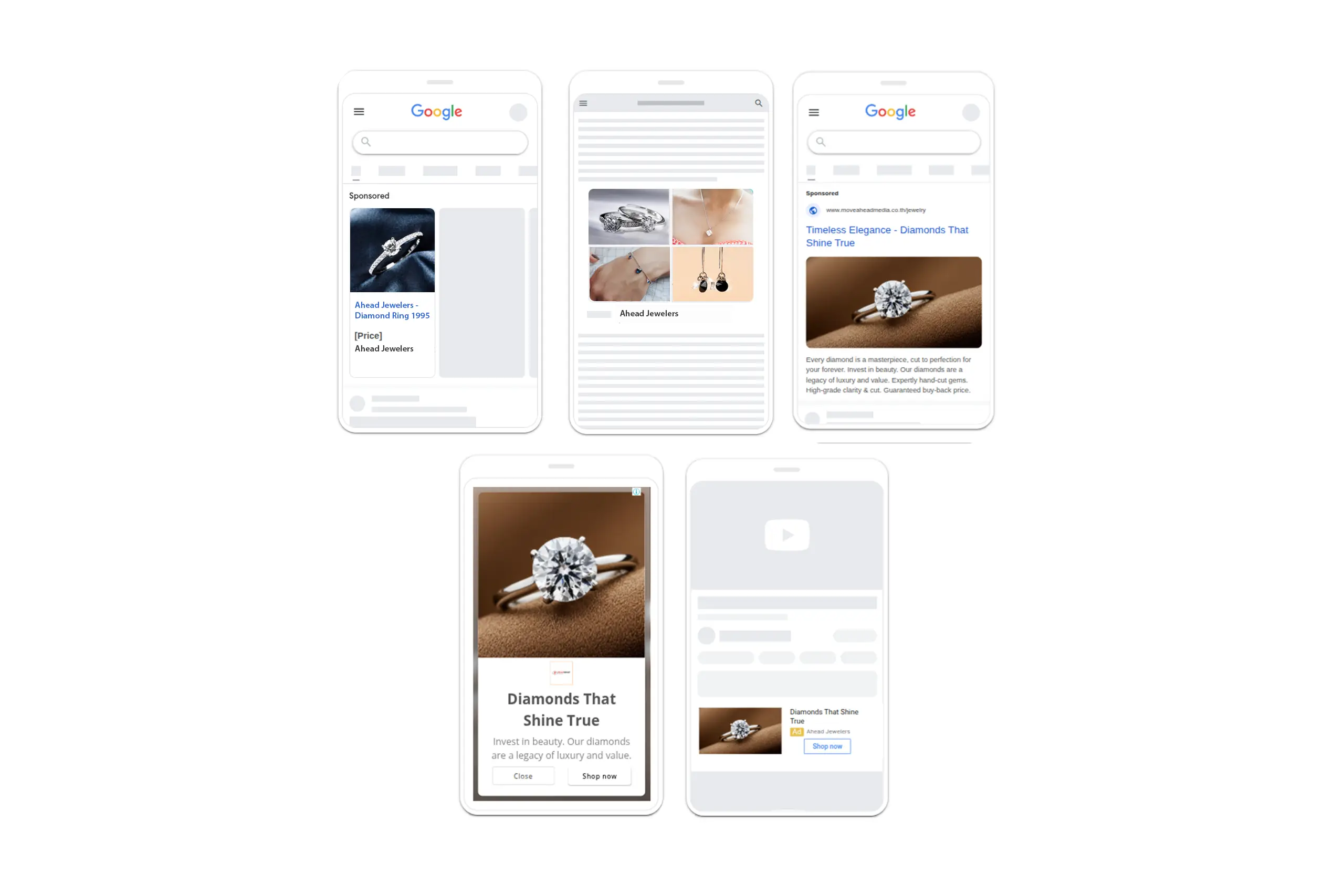 Mobile screens showing Google search, display, and video ads for jewelry, prominently featuring sparkling diamond rings.