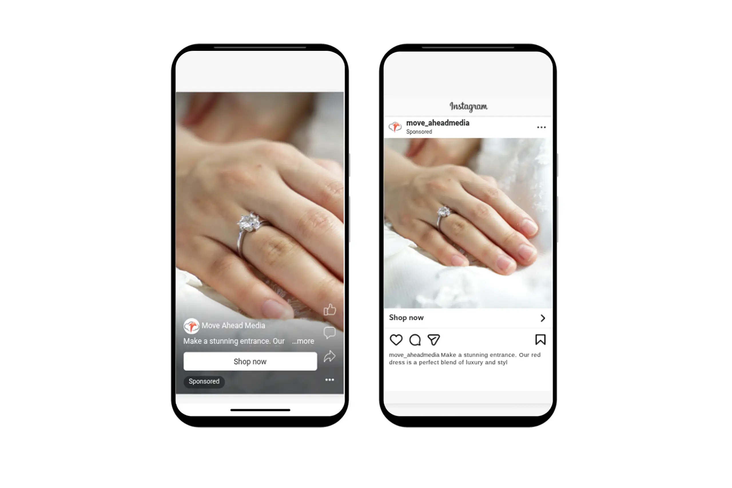 Two smartphones displaying sponsored digital marketing ads for jewelry, featuring a hand wearing a sparkling diamond engagement ring.