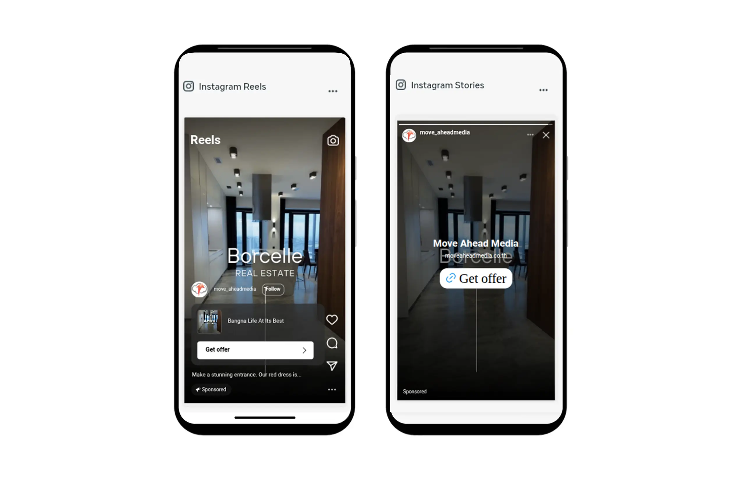 Move Ahead Media's Instagram Reels and Stories ads for real estate, featuring a modern property interior.