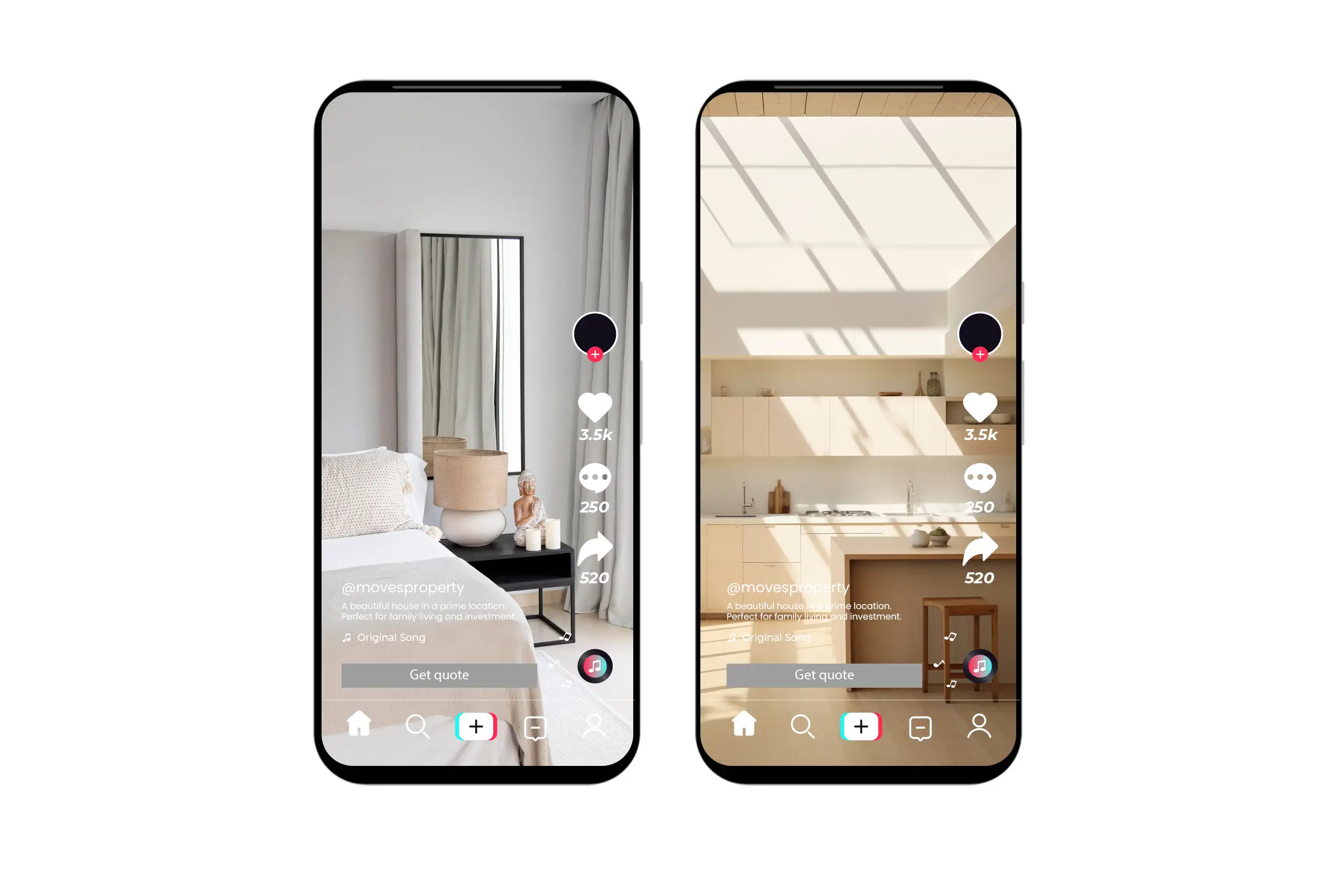 Mobile phones displaying real estate property videos on social media, featuring a bedroom and modern kitchen. Perfect for digital marketing and lead generation for real estate companies.