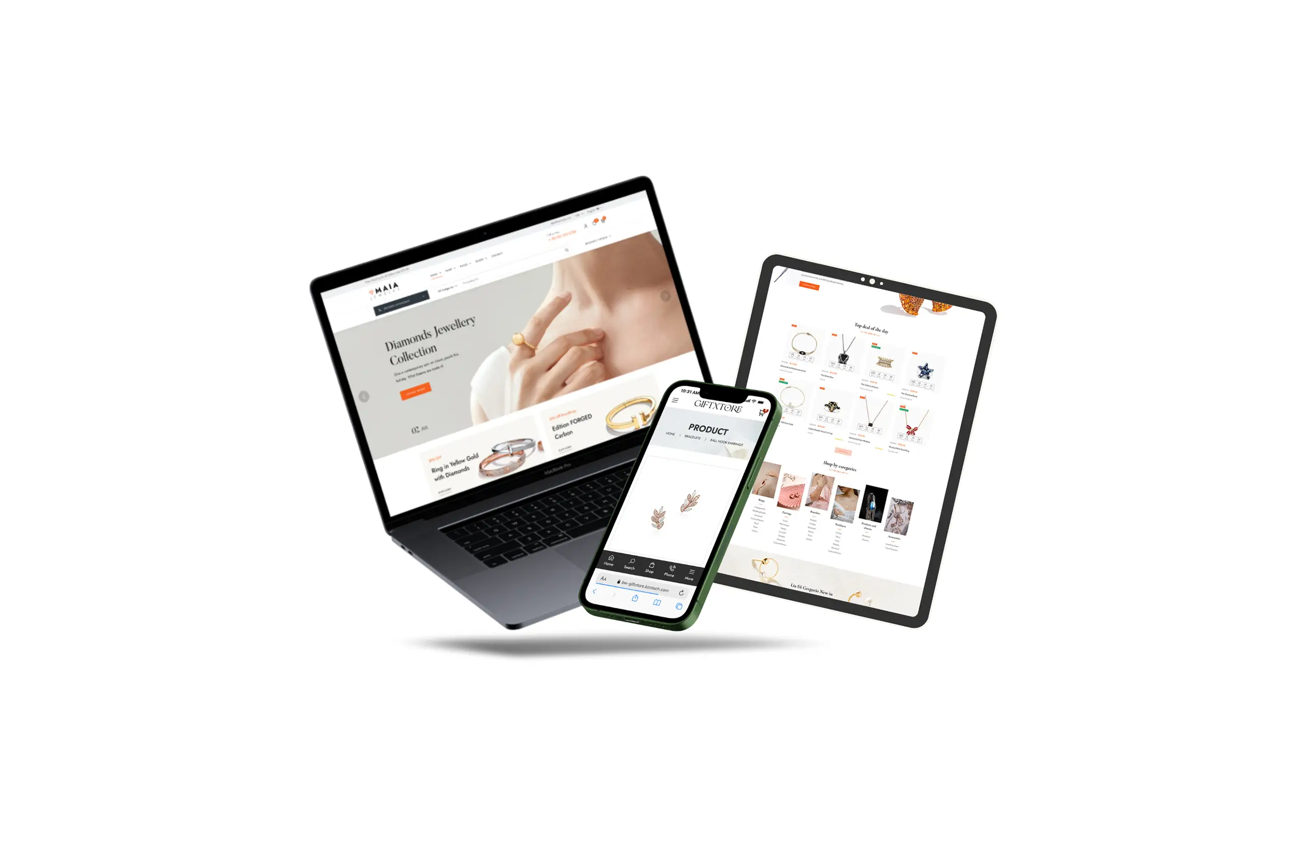 Responsive jewelry e-commerce sites on laptop, tablet, and phone, featuring diamond rings, necklaces, and earrings.