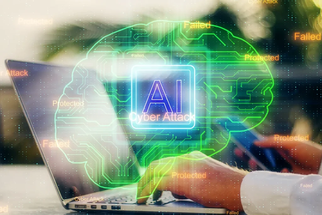 Hands typing on laptop, glowing AI brain overlay with "Protected" and "Cyber Attack" text, for generative AI optimization.
