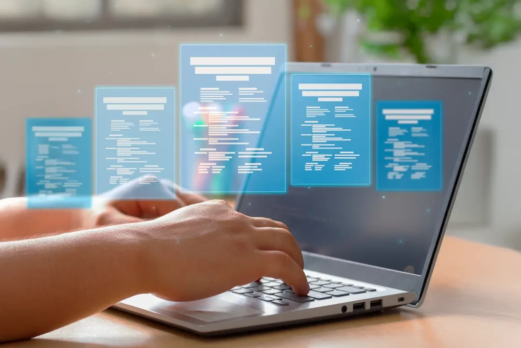 Hands typing on a laptop, with glowing blue digital content snippets representing AI search results and generative optimization.