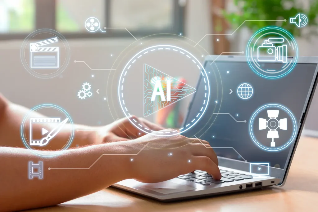 Professional typing on a laptop, featuring a central AI play icon and surrounding digital content & generative engine optimization symbols.